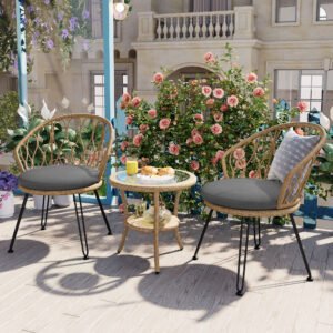 U_STYLE Outdoor Leisure Set, 2 Rattan Single Chairs with A Glass Round Table