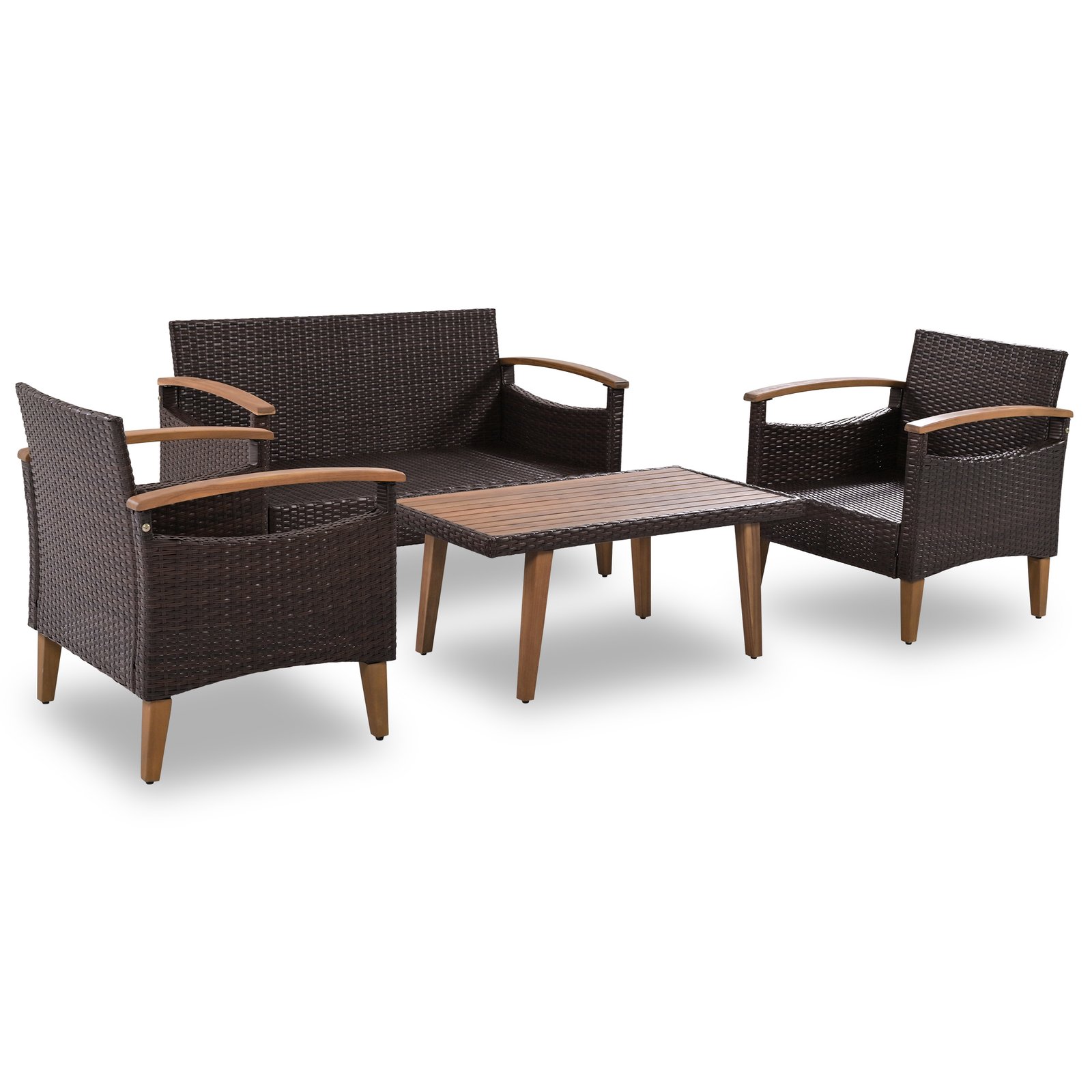 4-Piece Garden Furniture, Patio Seating Set, PE Rattan Outdoor Sofa Set, Wood Table and Legs, Brown and Beige - Image 5
