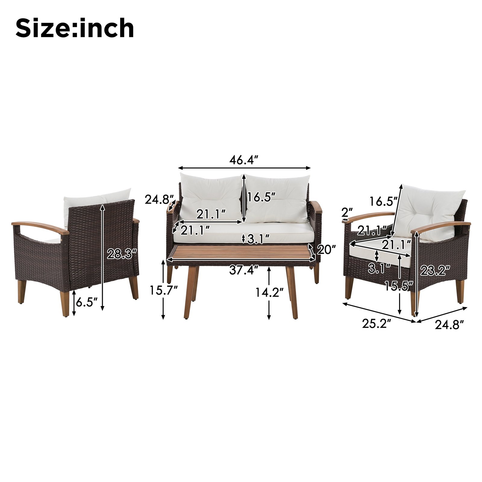 4-Piece Garden Furniture, Patio Seating Set, PE Rattan Outdoor Sofa Set, Wood Table and Legs, Brown and Beige - Image 3