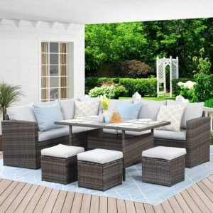 7-Pieces PE Rattan Wicker Patio Dining Sectional Cusions Sofa Set with Grey cushions 