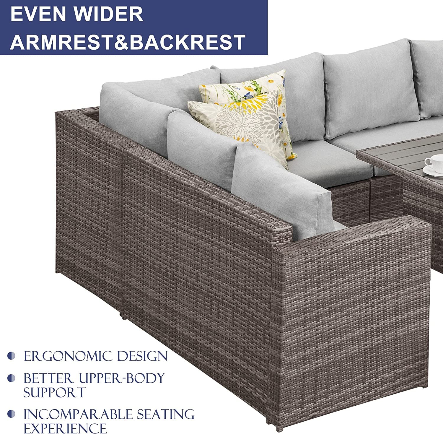 7-Pieces PE Rattan Wicker Patio Dining Sectional Cusions Sofa Set with Grey cushions - Image 7