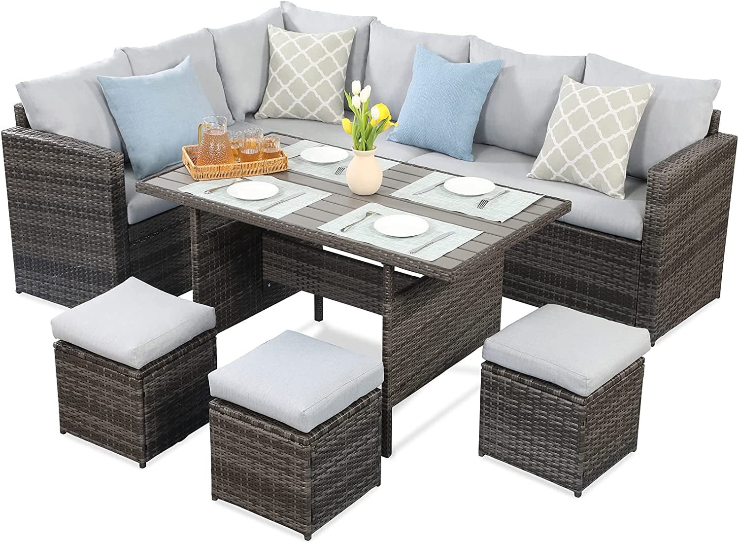 7-Pieces PE Rattan Wicker Patio Dining Sectional Cusions Sofa Set with Grey cushions - Image 2