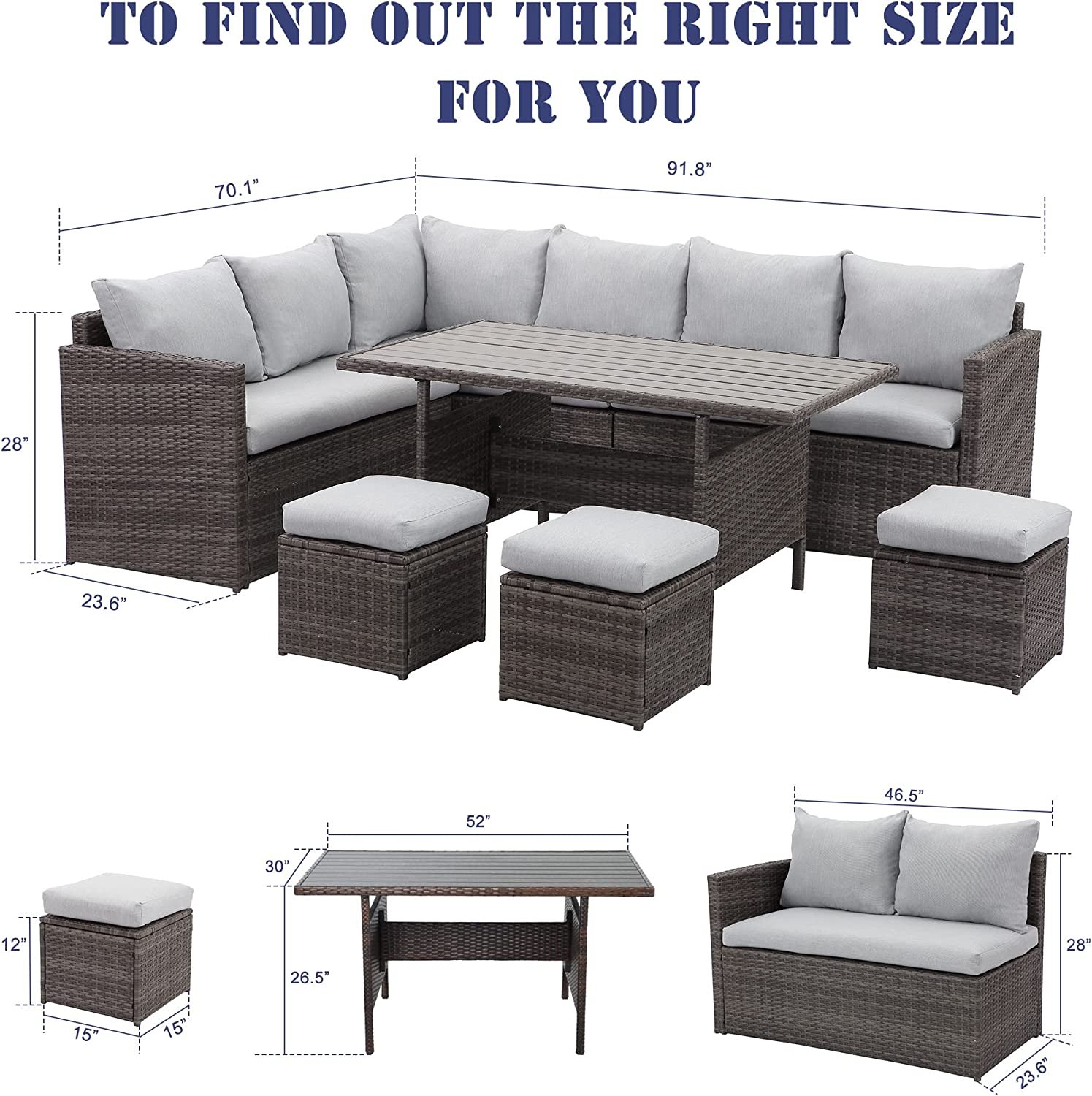 7-Pieces PE Rattan Wicker Patio Dining Sectional Cusions Sofa Set with Grey cushions - Image 4