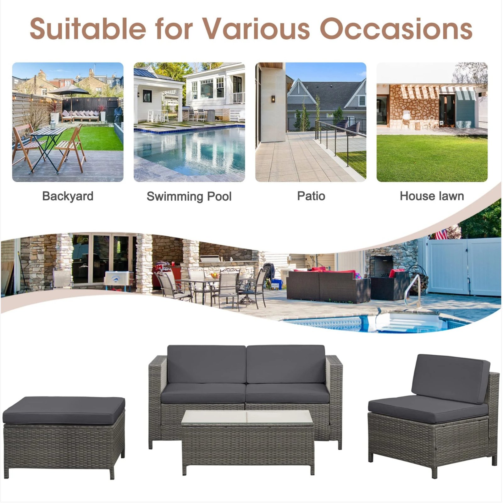 5-Piece All-Weather Wicker Patio Conversation Set with Gray and Glass Table - Image 5