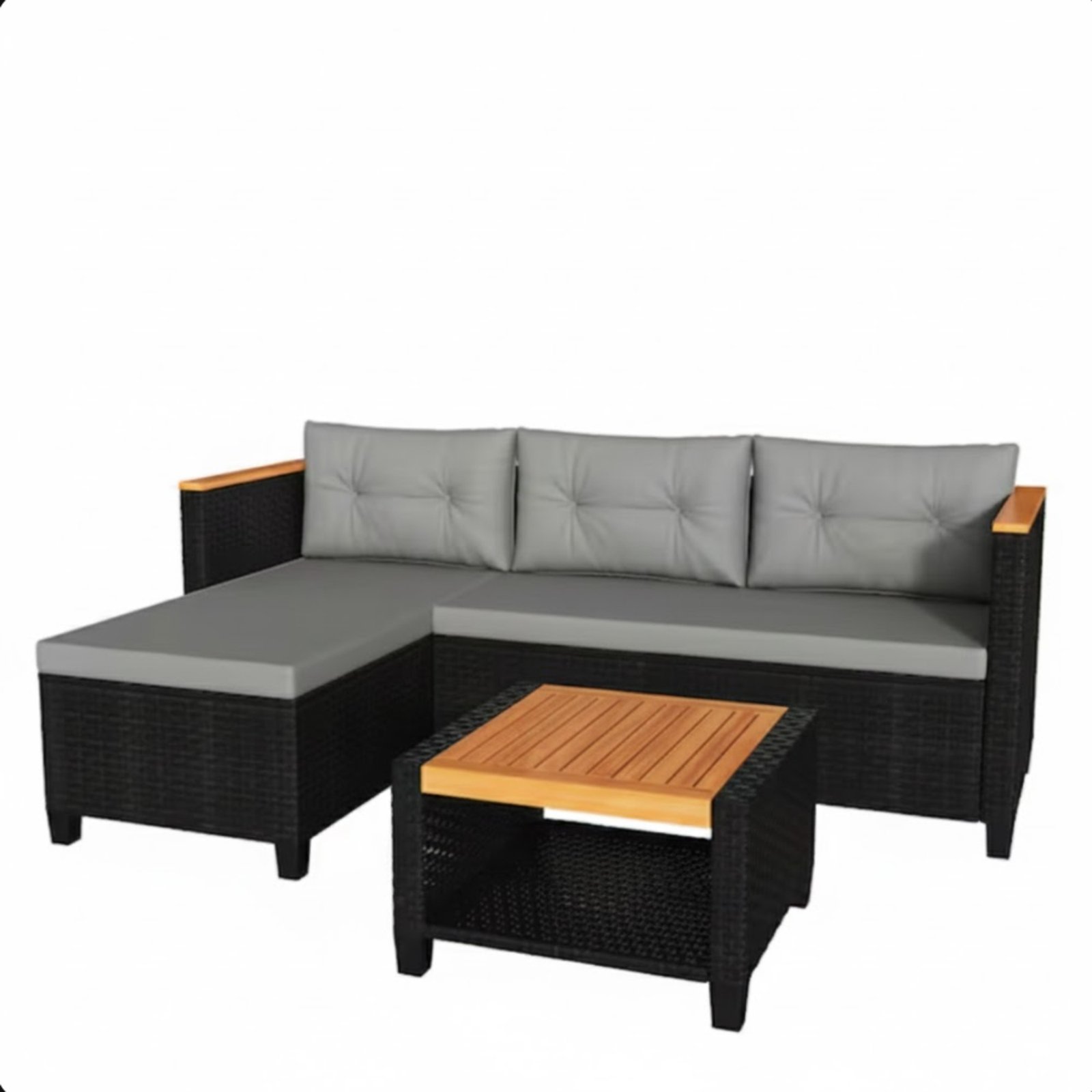 3-Piece L-Shaped Wicker Patio Set with Gray Cushions and Acacia Wood Storage Table - Image 4