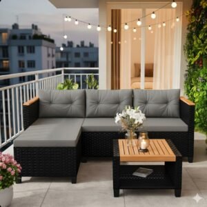 3-Piece L-Shaped Wicker Patio Set with Gray Cushions and Acacia Wood Storage Table