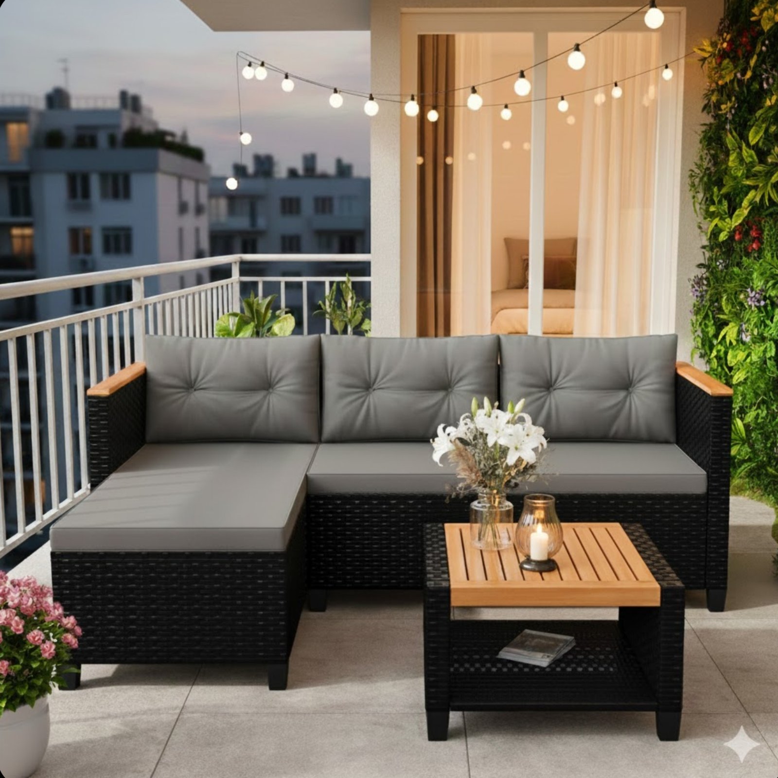 3-Piece L-Shaped Wicker Patio Set with Gray Cushions and Acacia Wood Storage Table
