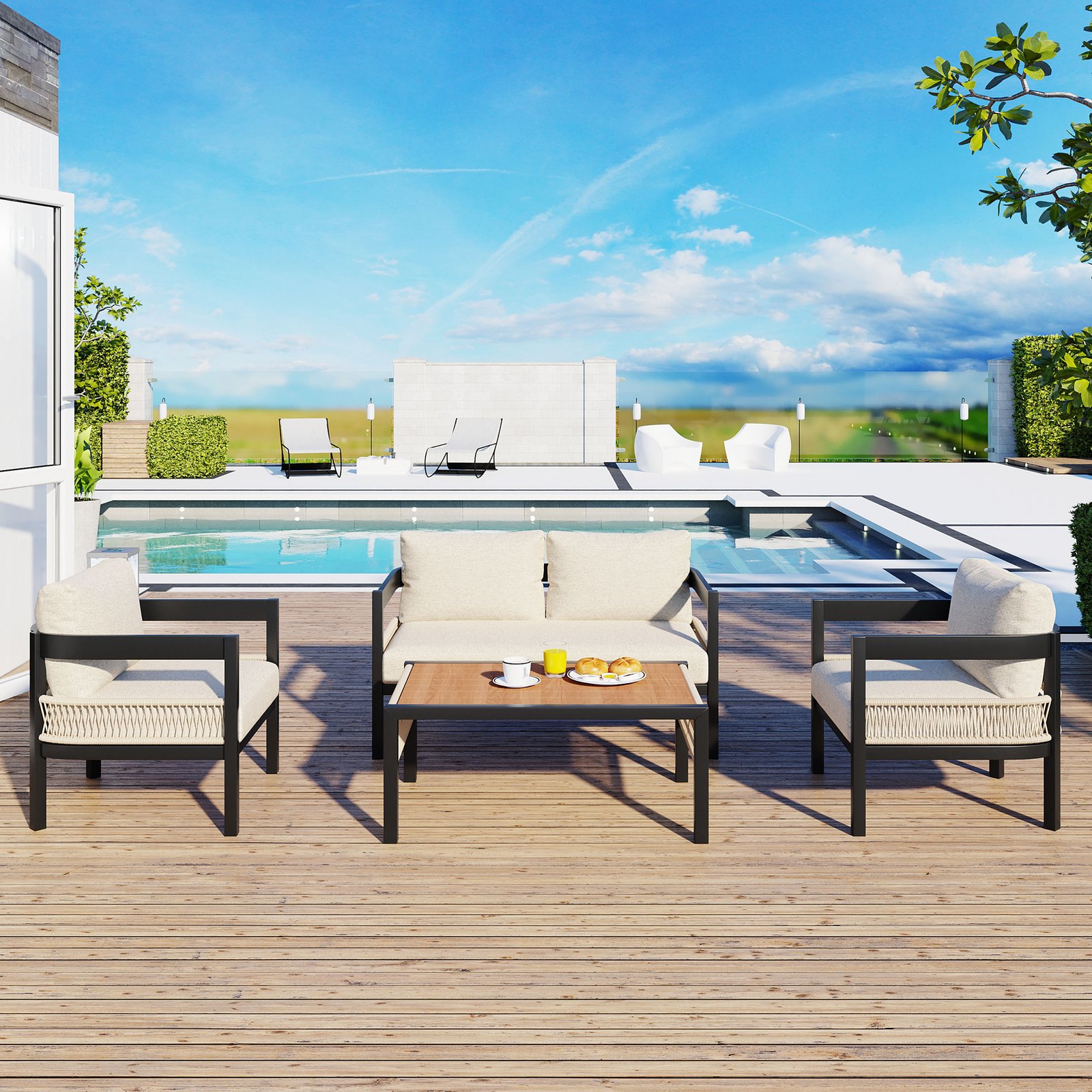 U_Style Multi-person Outdoor Iron Sofa Set with A table