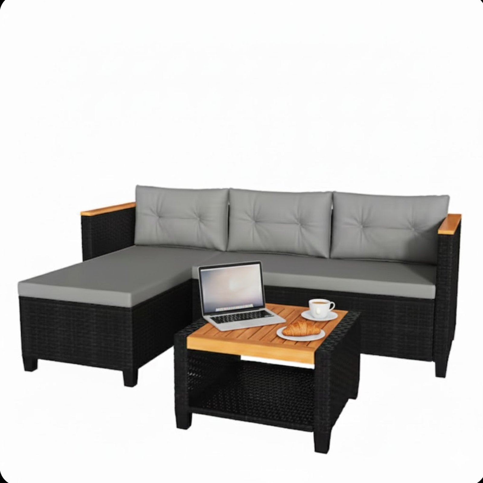 3-Piece L-Shaped Wicker Patio Set with Gray Cushions and Acacia Wood Storage Table - Image 5
