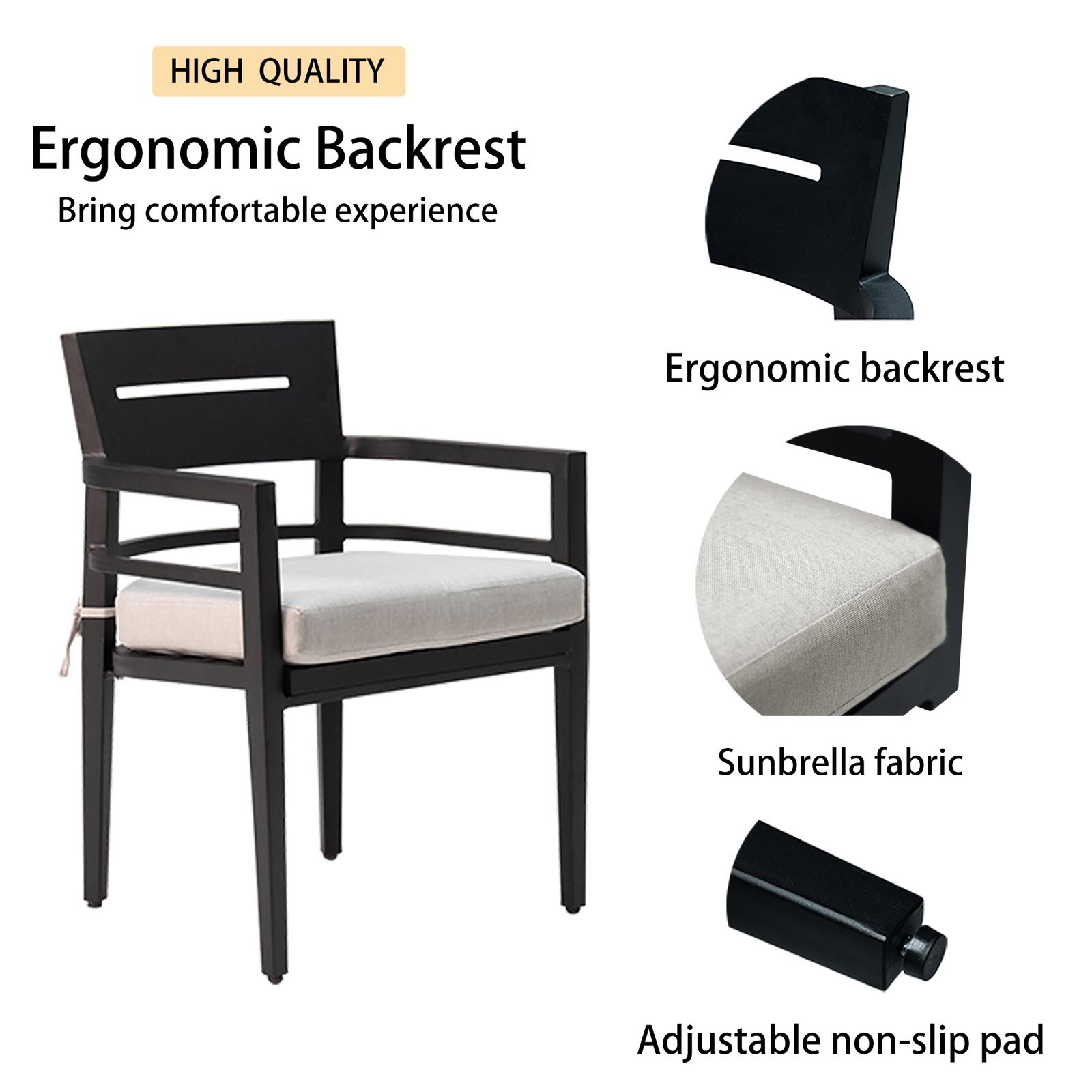 5-Piece Outdoor Patio Aluminum Furniture, Modern Dining Set, including 4 Dining Chairs Sunbrella Fabric Cushioned - Image 4