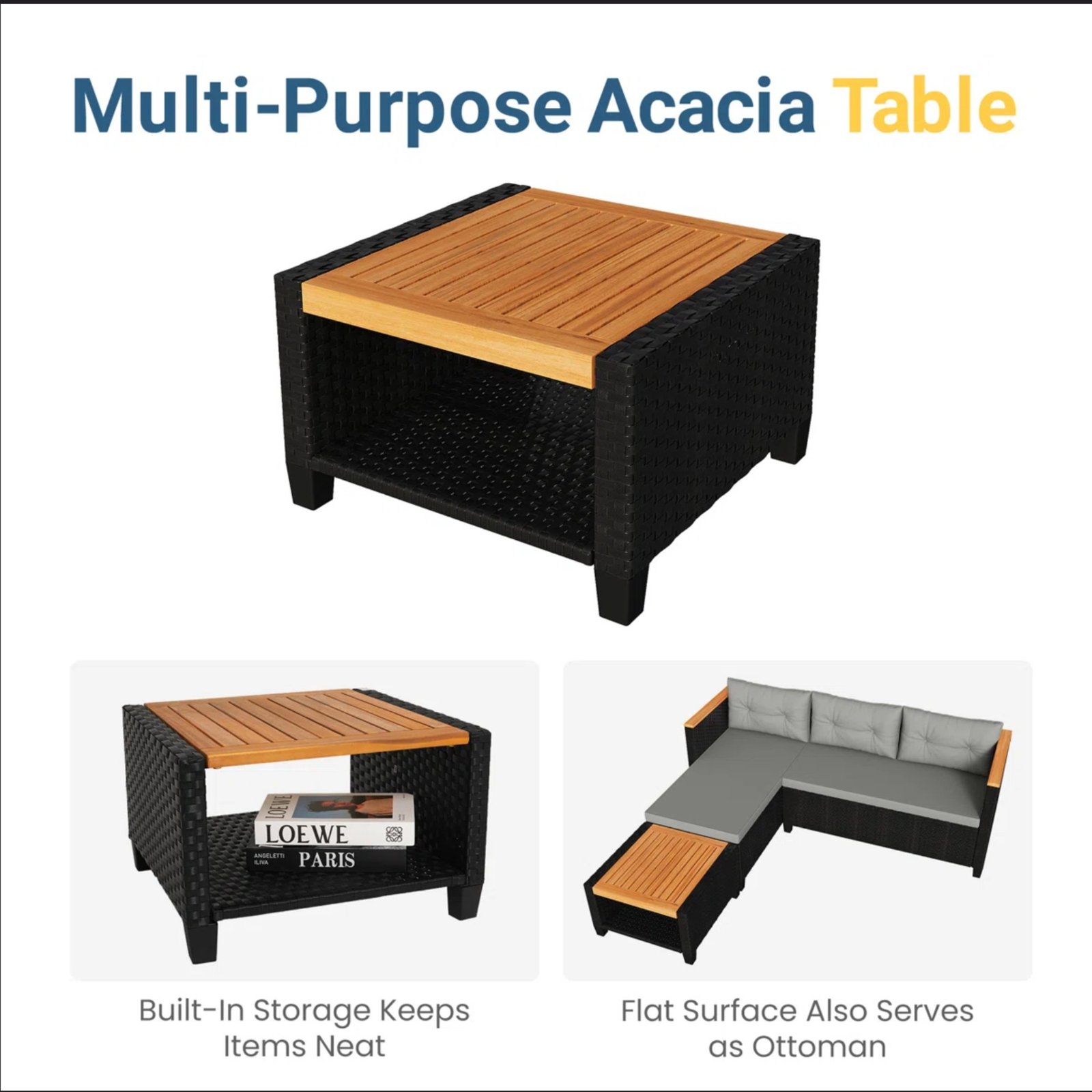 3-Piece L-Shaped Wicker Patio Set with Gray Cushions and Acacia Wood Storage Table - Image 3
