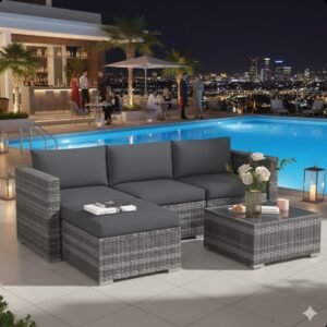 5-Piece All-Weather Wicker Patio Conversation Set with Gray and Glass Table
