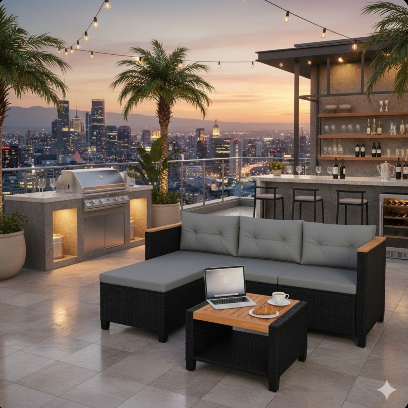 3-Piece L-Shaped Wicker Patio Set with Gray Cushions and Acacia Wood Storage Table - Image 6