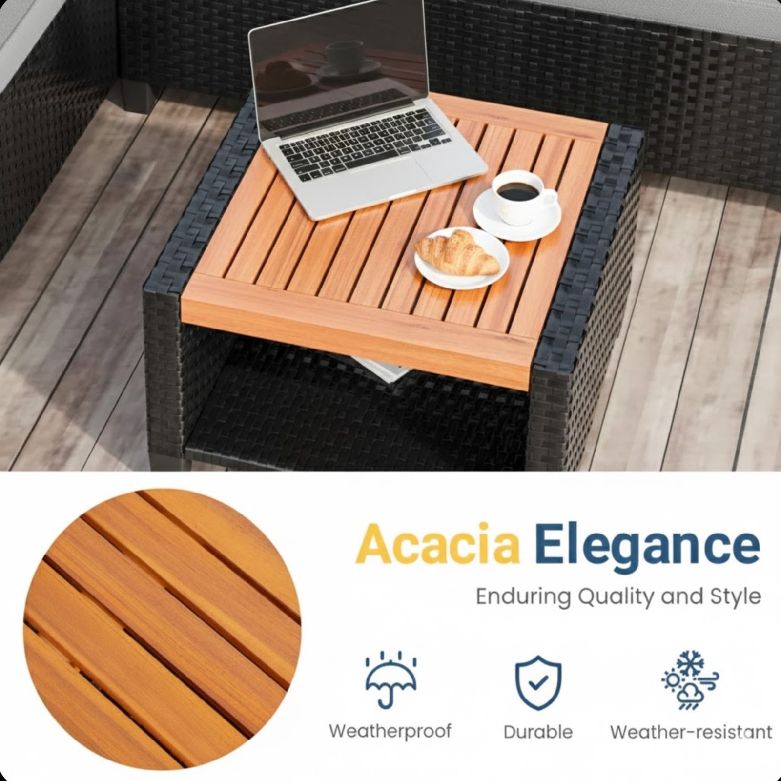 3-Piece L-Shaped Wicker Patio Set with Gray Cushions and Acacia Wood Storage Table - Image 2